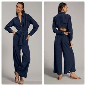 ANTHROPOLOGIE Cut-Out Wide-Leg Jumpsuit in Navy Blue